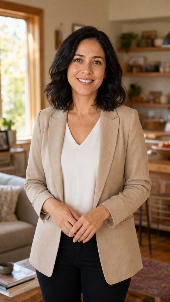 Camila, emprendedora ficticia en el living de su casa