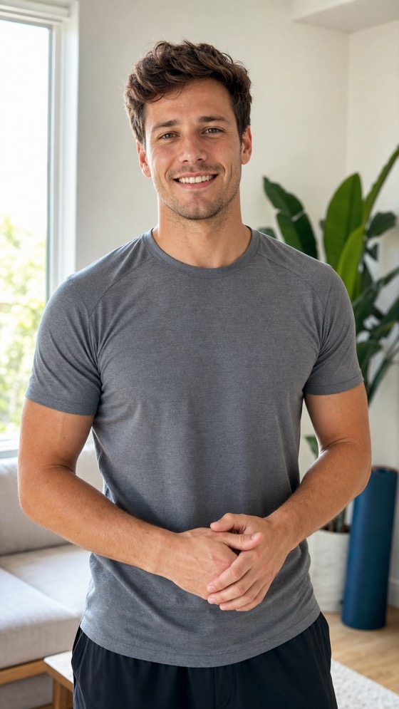 Diego, creador wellness ficticio con luz de mañana