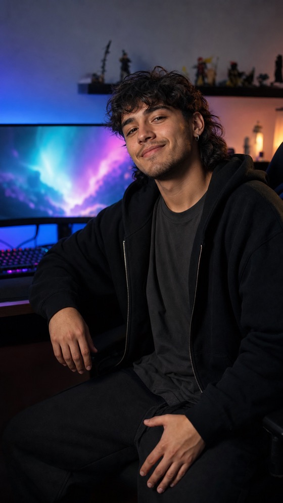 Joaquín, creador gaming ficticio en su setup