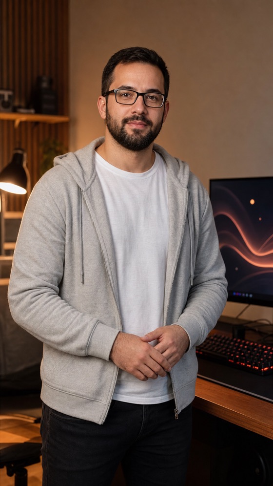 Martín, creador tech ficticio frente a su escritorio