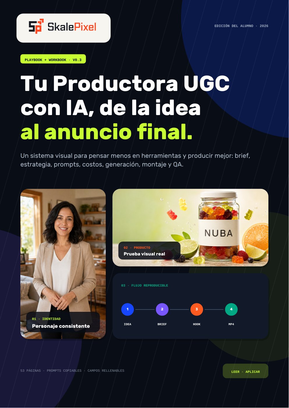 Portada real del manual interactivo Tu Productora UGC con IA de SkalePixel