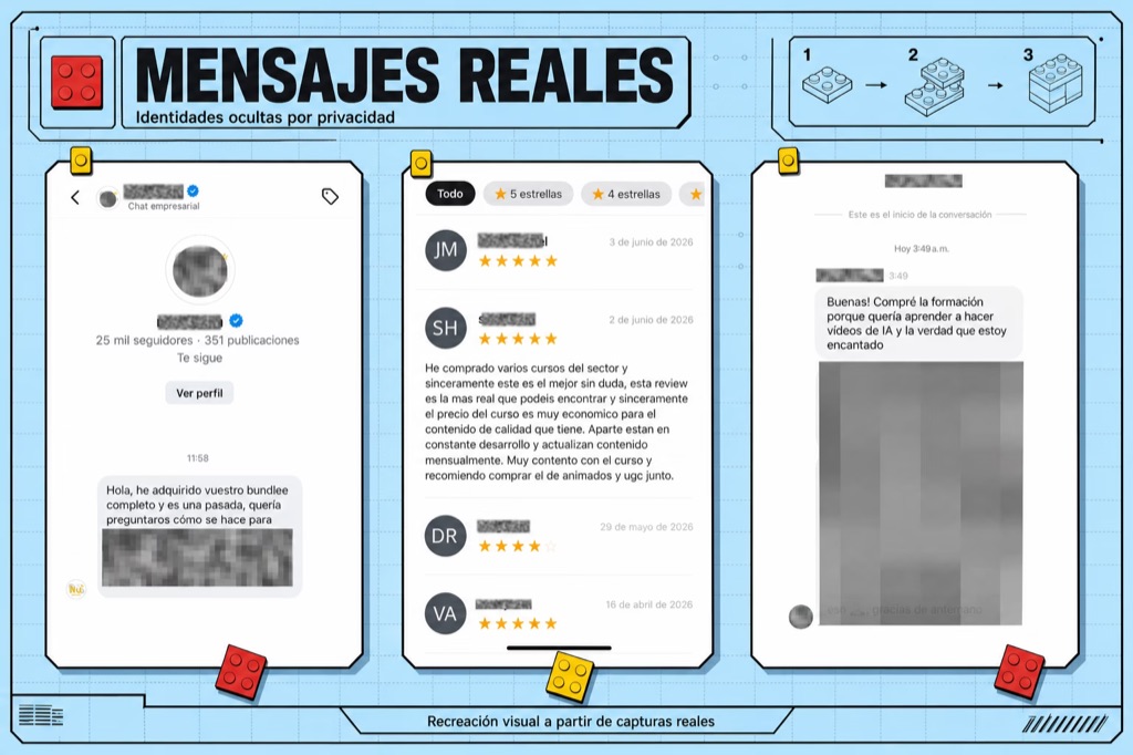 Recreación visual de tres capturas reales con nombres, perfiles y archivos personales ocultos