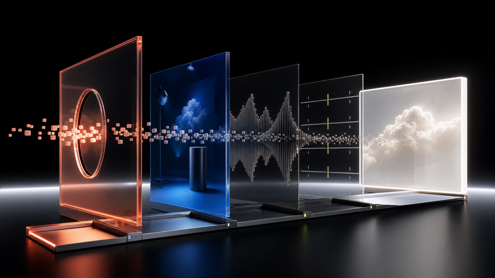 Cinco capas físicas representan idea, escena, audio, costo y render final